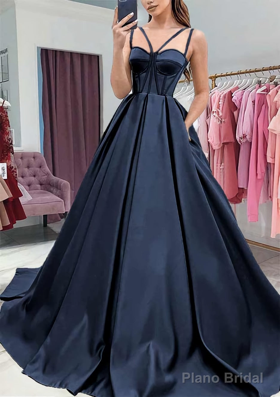 A-line Sweetheart Sleeveless Satin Sweep Train Prom Dresses With Pockets Secondary image