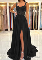 A-line Sweetheart Sleeveless Sweep Train Chiffon Prom Dresses With Appliqued Split