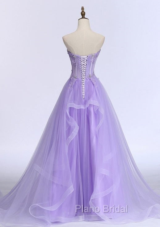 A-line Sweetheart Sleeveless Sweep Train Tulle Formal Prom Dresses With Beading Appliqued Secondary image