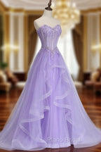 A-line Sweetheart Sleeveless Sweep Train Tulle Formal Prom Dresses With Beading Appliqued