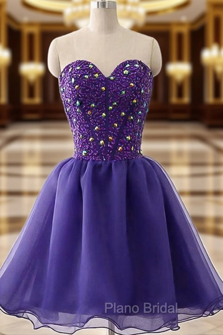 A-line Sweetheart Sleeveless Tulle Short/Mini Homecoming Dresses With Beading Rhinestone Main image
