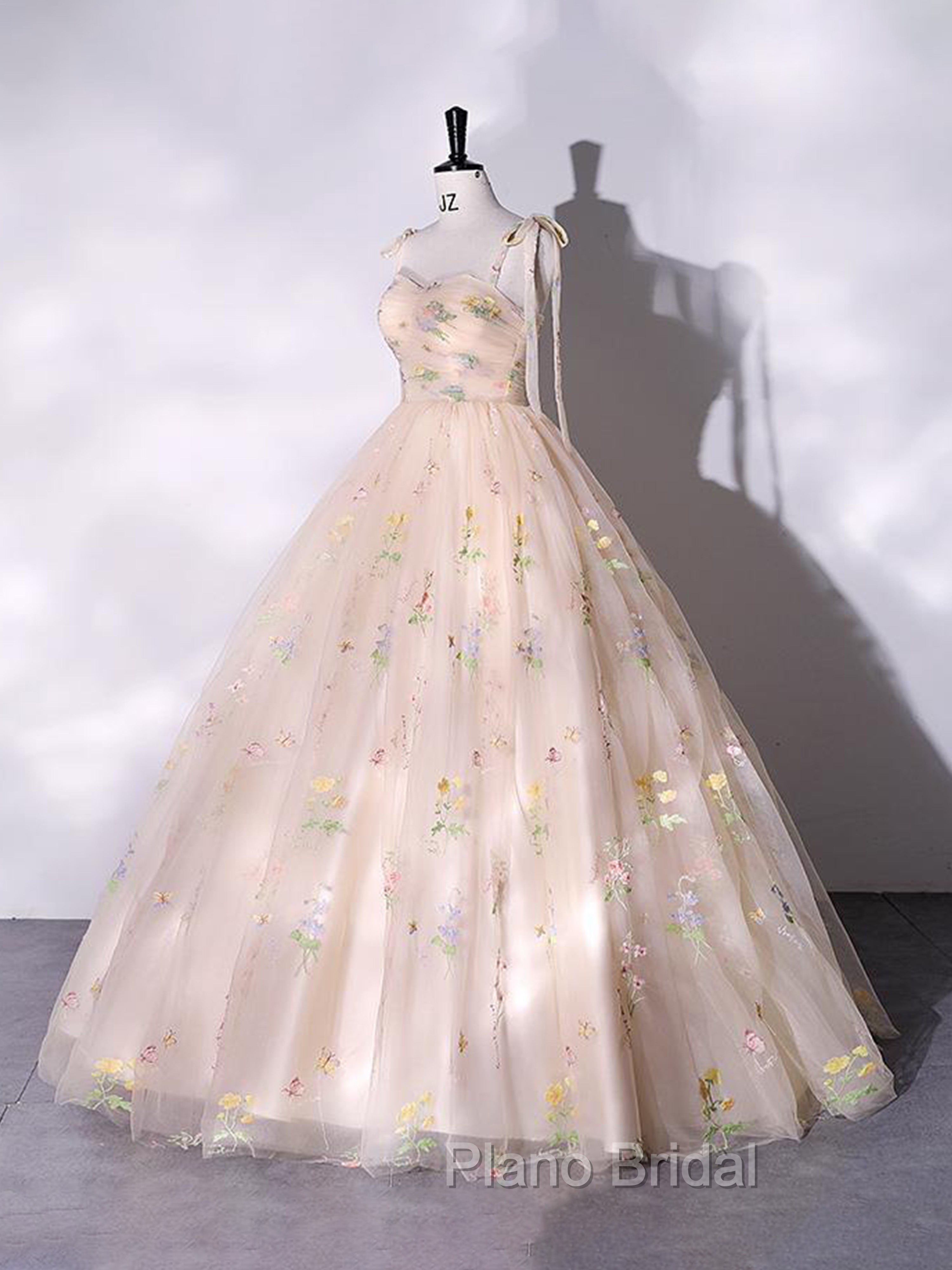 A-Line Sweetheart Sleeves Straps Embroidery Tulle Formal Prom Dresses