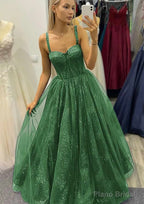 A-line Sweetheart Spaghetti Straps Long/Floor-Length Tulle Glitter Prom Dresses