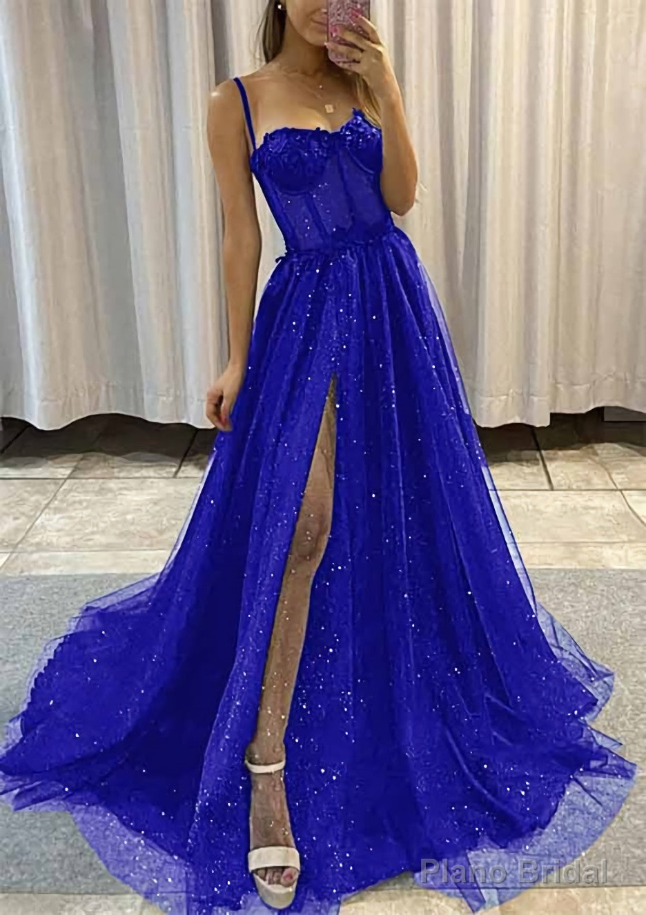 A-line Sweetheart Spaghetti Straps Sweep Train Tulle Glitter Prom Dresses With Appliqued