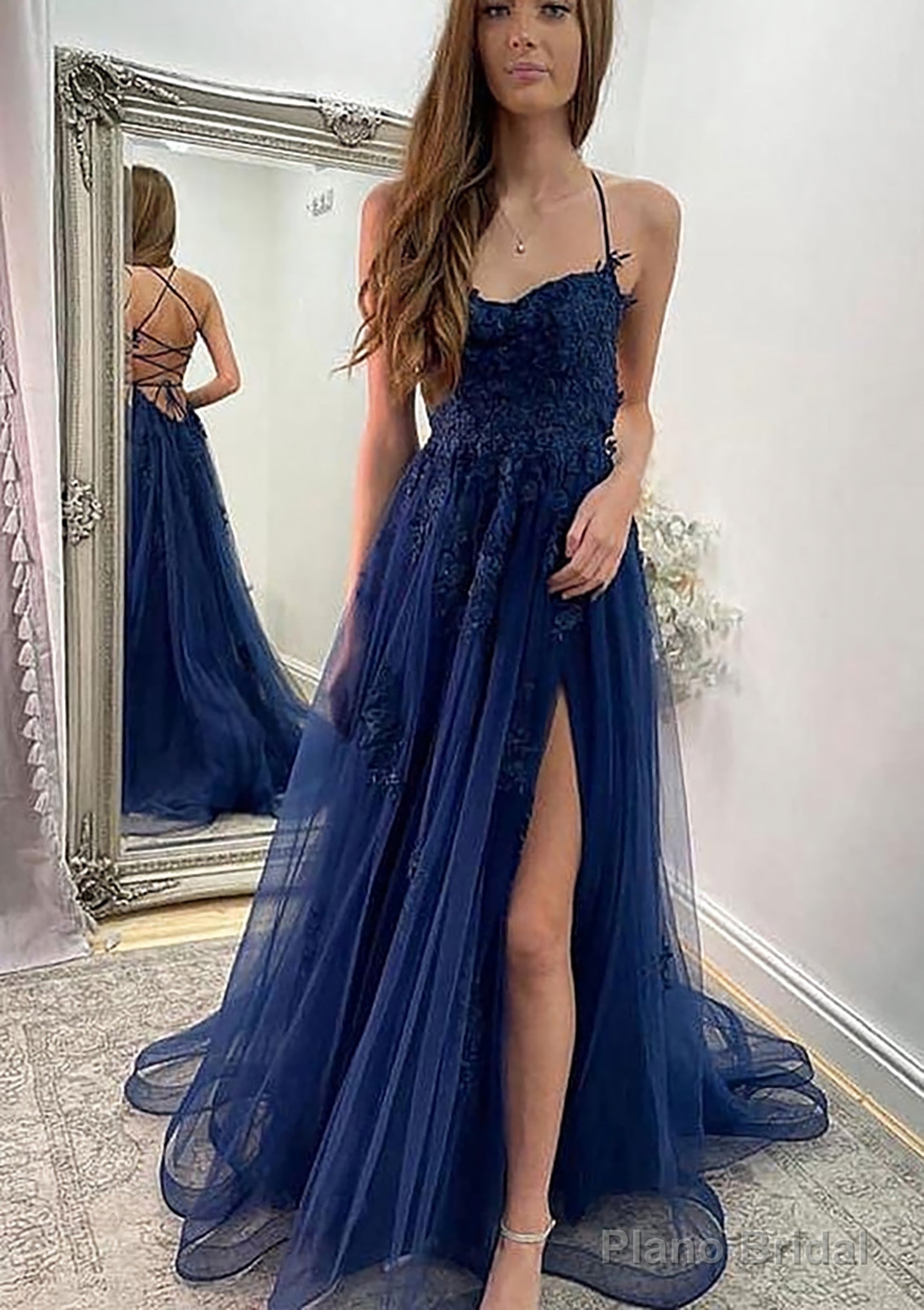 A-line Sweetheart Spaghetti Straps Sweep Train Tulle Prom Dresses With Appliqued Split Main image