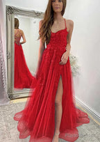 A-line Sweetheart Spaghetti Straps Sweep Train Tulle Prom Dresses With Appliqued Split