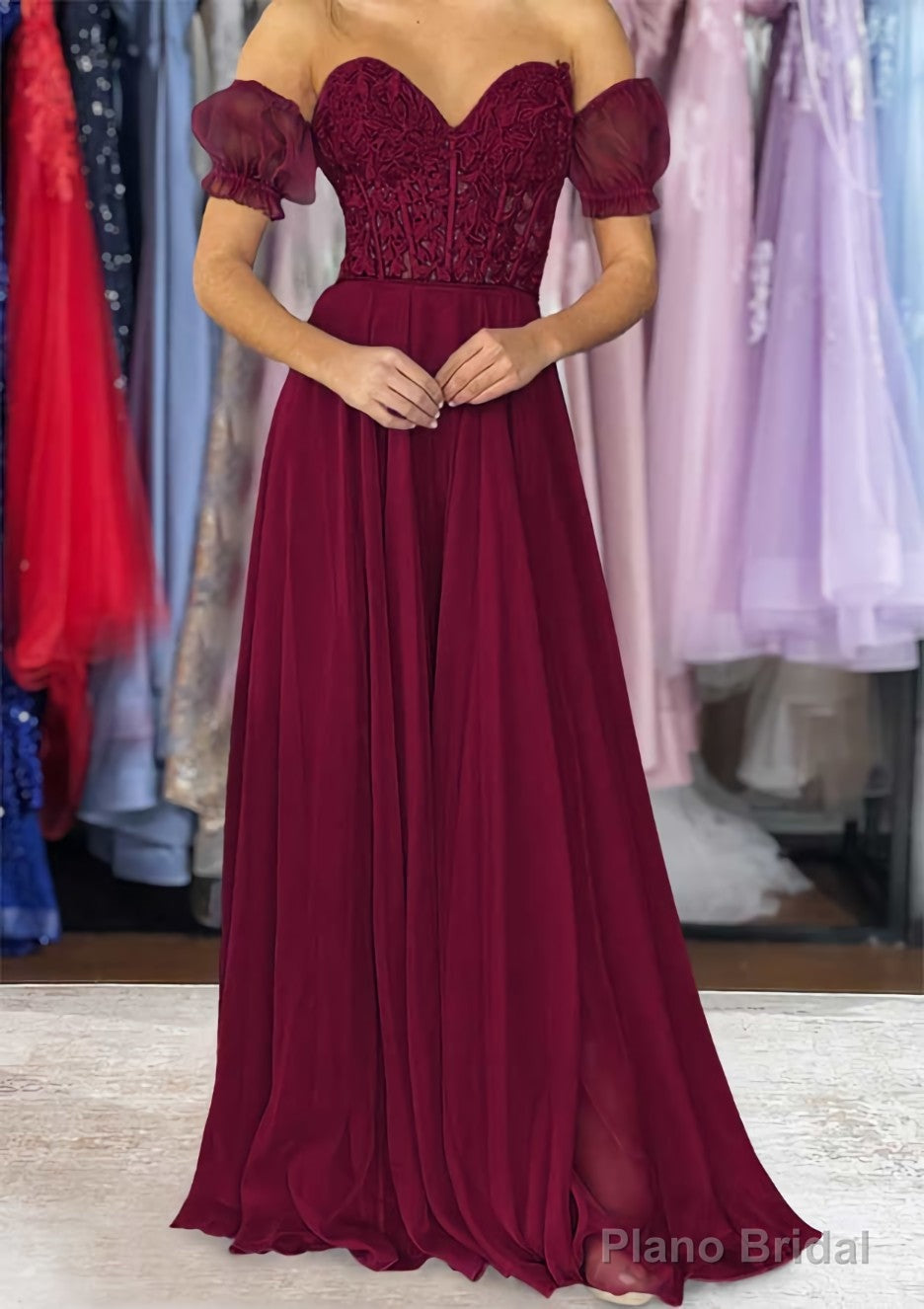 A-line Sweetheart Strapless Long/Floor-Length Chiffon Prom Dresses with Detachable Balloon Sleeves