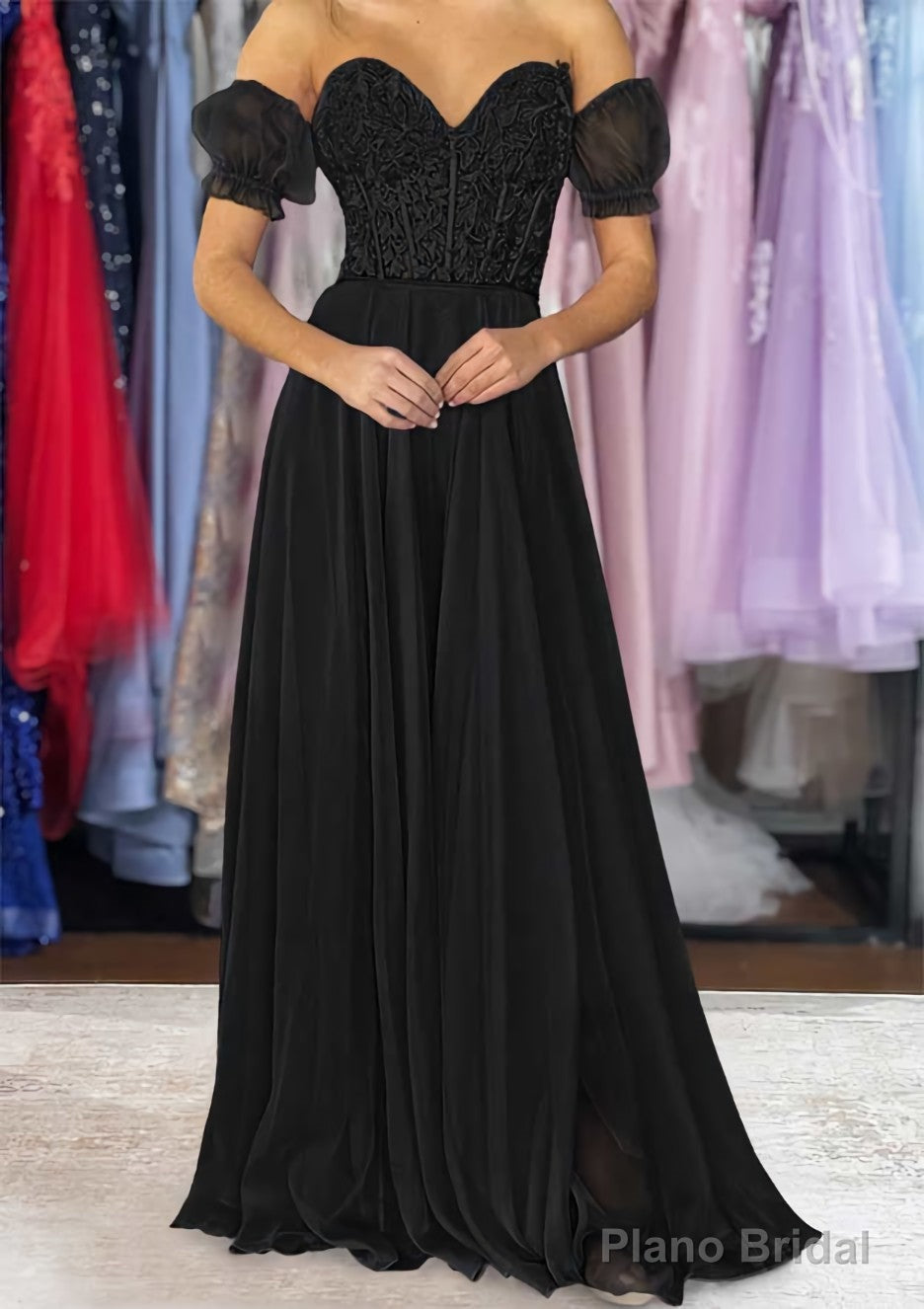 A-line Sweetheart Strapless Long/Floor-Length Chiffon Prom Dresses with Detachable Balloon Sleeves