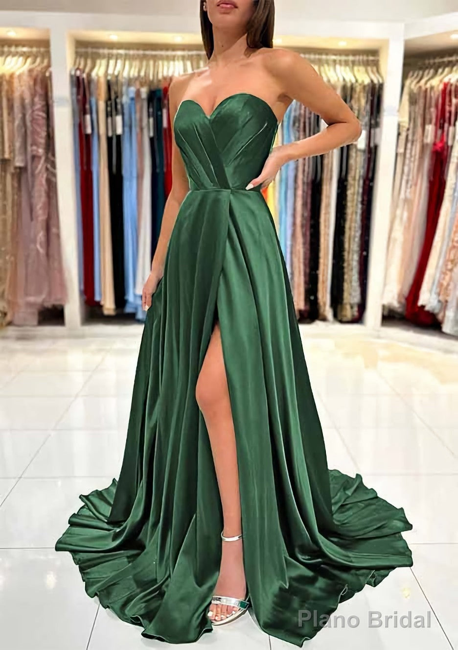 A-line Sweetheart Strapless Sweep Train Charmeuse Prom Dresses With Pleated Split