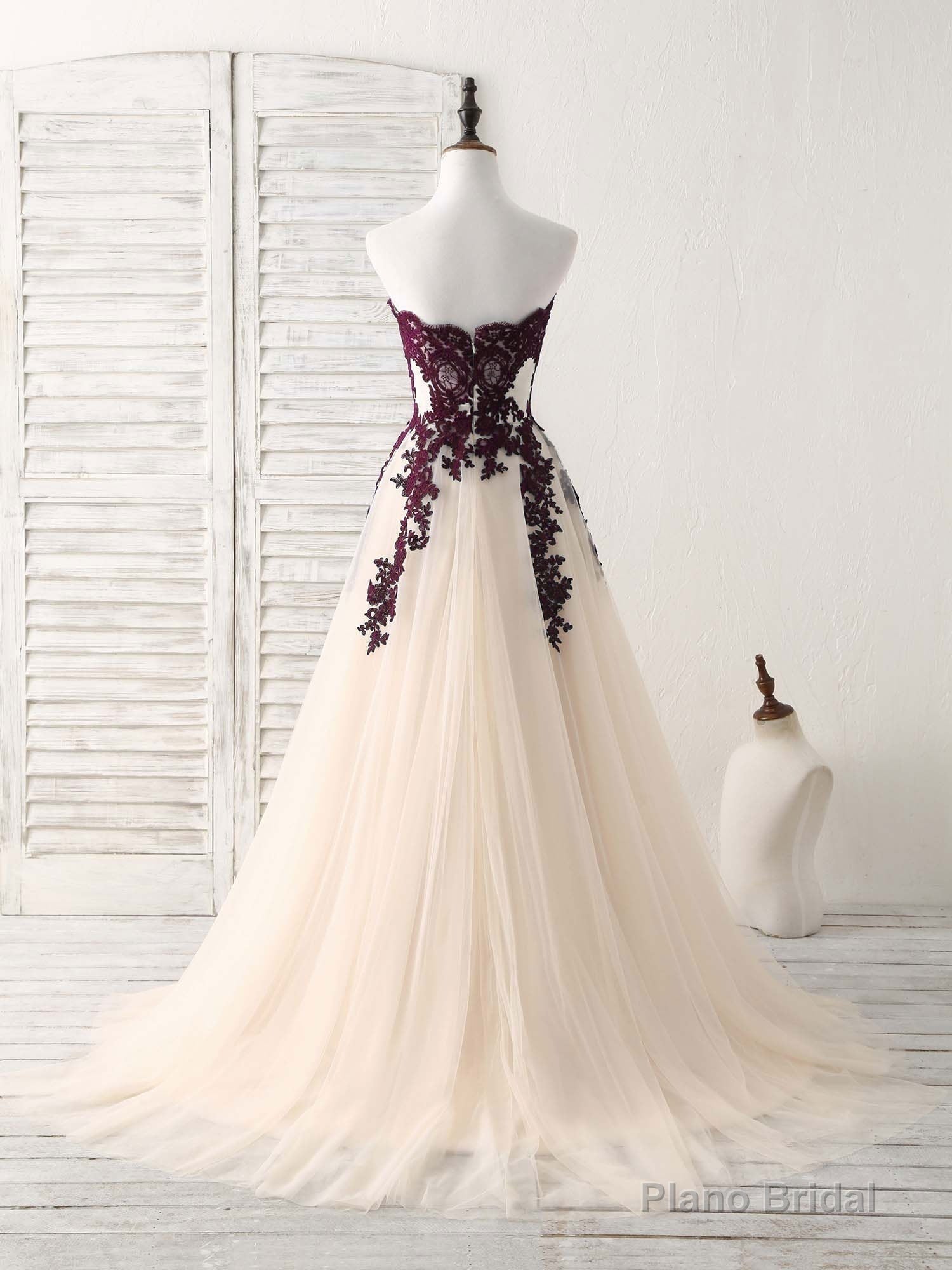 A-Line Sweetheart Tulle Lace Applique Burgundy Long Prom Dress, Bridesmaid Dress Secondary image