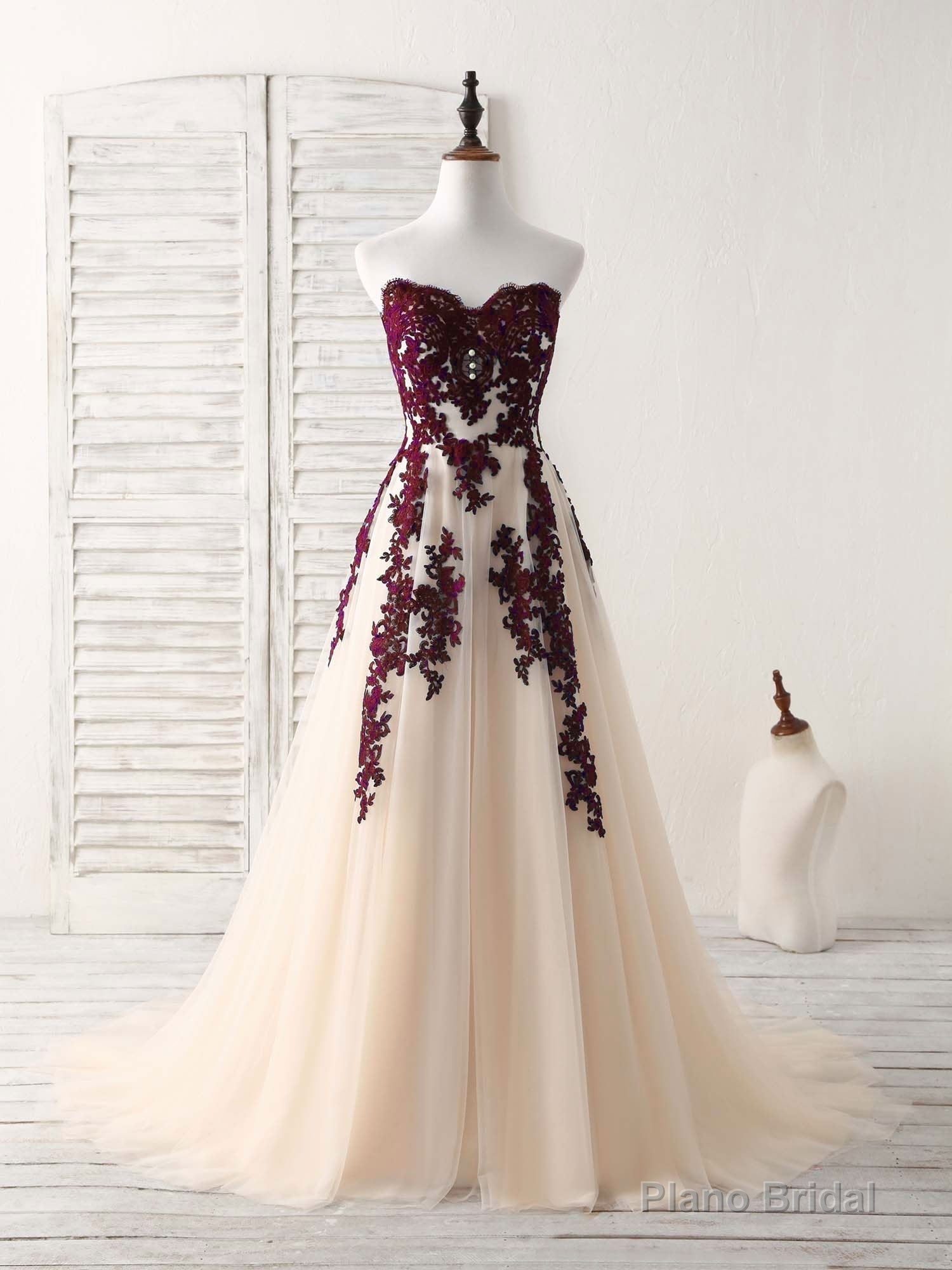 A-Line Sweetheart Tulle Lace Applique Burgundy Long Prom Dress, Bridesmaid Dress Main image
