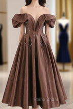 A-Line Tea length Brown Formal Prom Dresses, Off Shoulder Brown Formal Dresses with Beading