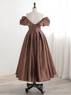 A-Line Tea length Brown Formal Prom Dresses, Off Shoulder Brown Formal Dresses with Beading