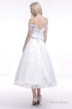 A Line Tea Length Lace Off Shoulder Mid-length Wedding Dresses