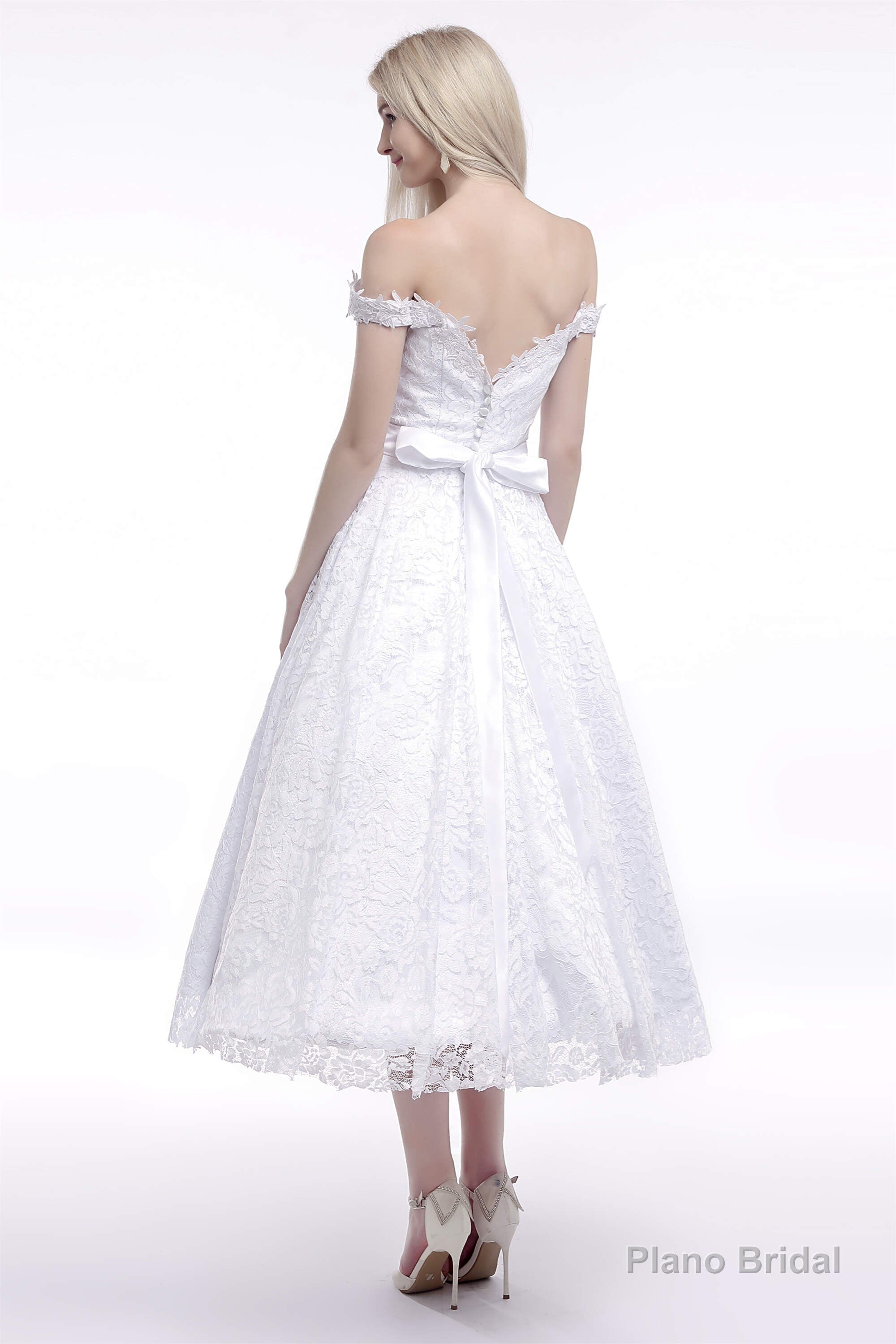 A Line Tea Length Lace Off Shoulder Mid-length Wedding Dresses