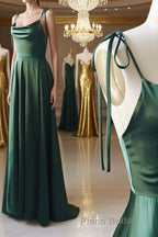 A Line Thin Straps Green Long Formal Prom Dresses, Green Formal Graduation Evening Dresses