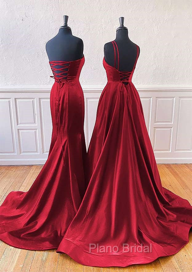 A-Line Trumpet/Mermaid Sleeveless Sweep Train Satin Formal Prom Dresses With Split Secondary image