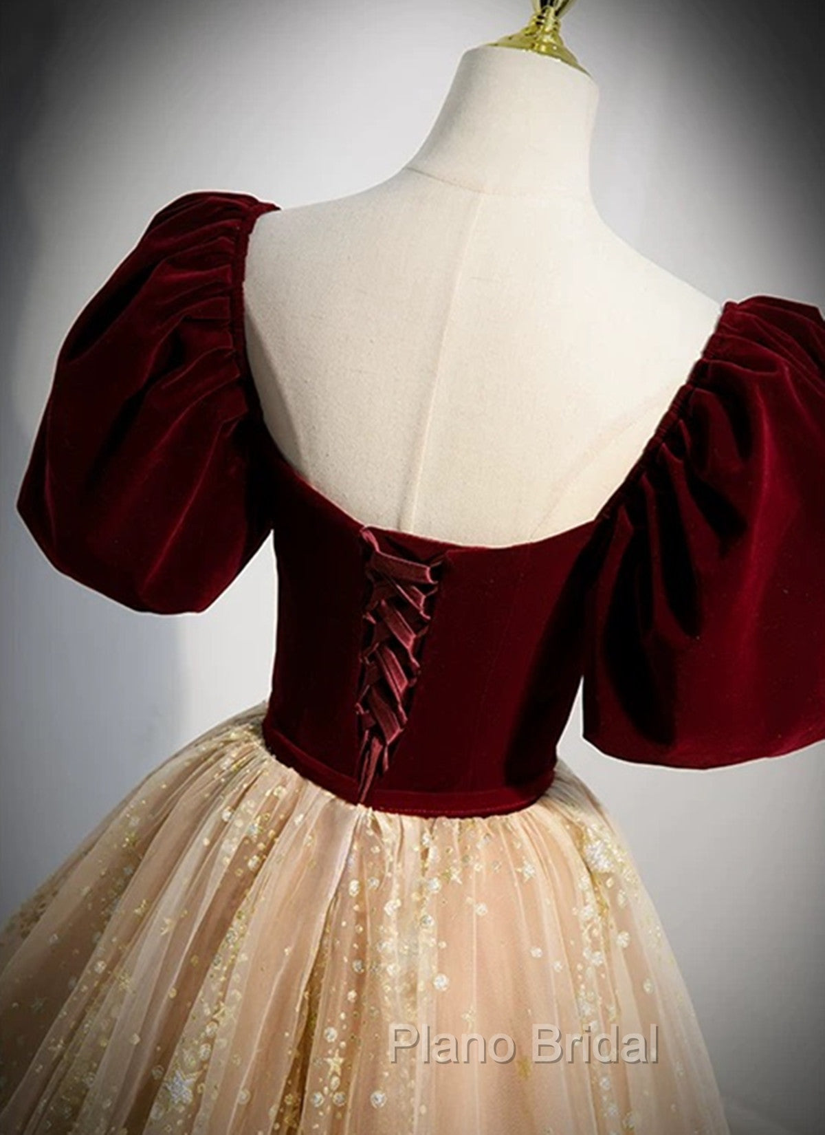 A-line Tulle and Velvet Short Sleeves Party Dresses, Sweetheart Long Formal Prom Dresses