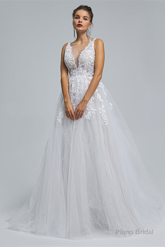 A-Line tulle applique sleeveless floor length wedding dress