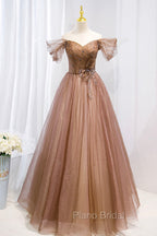 A-Line Tulle Beaded Long Formal Dresses, Off the Shoulder Evening Dresses