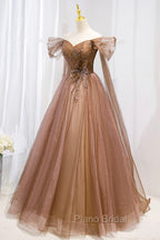 A-Line Tulle Beaded Long Formal Dresses, Off the Shoulder Evening Dresses