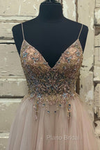 A-Line Tulle Beaded Long Formal Prom Dresses, Cute V-Neck Evening Party Dresses