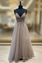 A-Line Tulle Beaded Long Formal Prom Dresses, Cute V-Neck Evening Party Dresses
