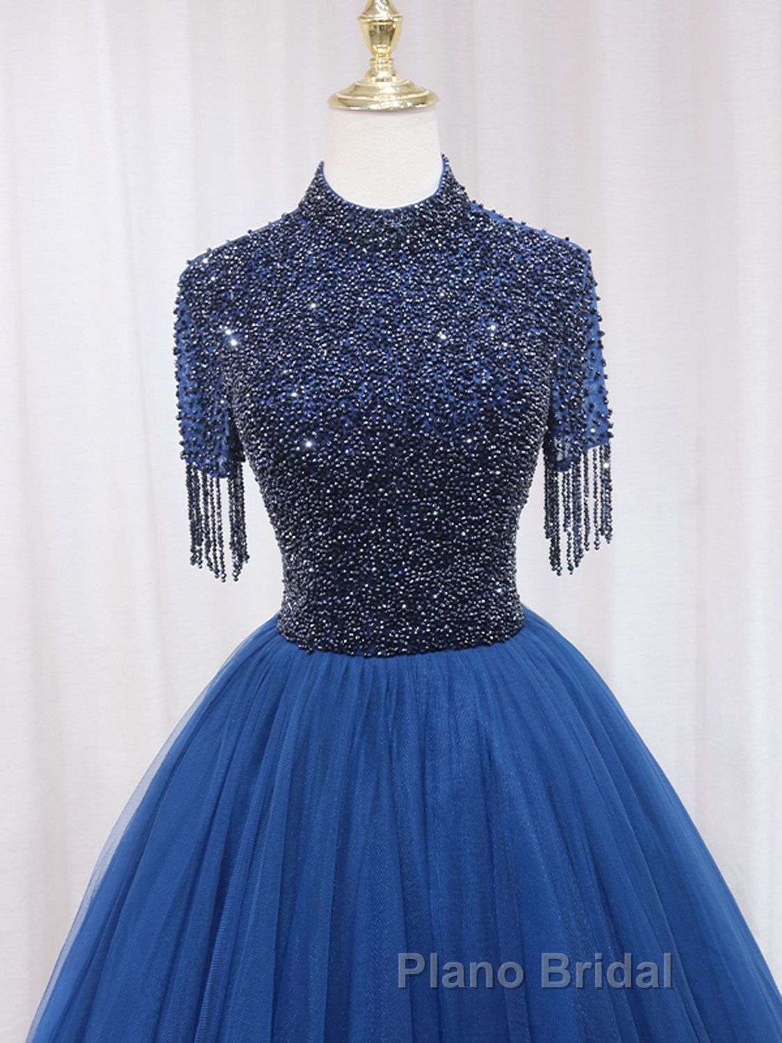 A-Line Tulle Blue Long Formal Prom Dress, Blue Formal Evening Dress with Beading