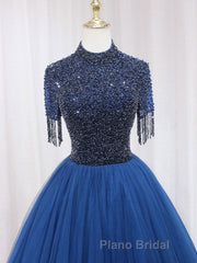 A-Line Tulle Blue Long Formal Prom Dress, Blue Formal Evening Dress with Beading