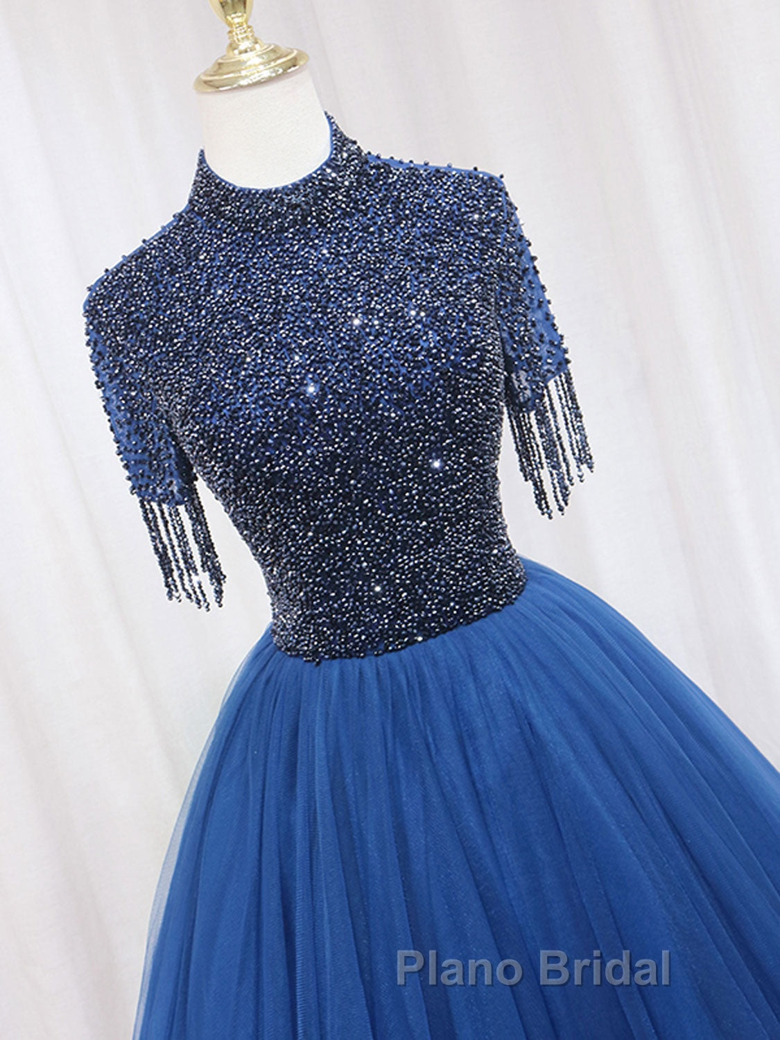 A-Line Tulle Blue Long Formal Prom Dress, Blue Formal Evening Dress with Beading