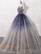 A-Line Tulle Blue Long Formal Prom Dresses, Blue Tulle Long Formal Dresses