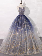 A-Line Tulle Blue Long Formal Prom Dresses, Blue Tulle Long Formal Dresses