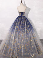 A-Line Tulle Blue Long Formal Prom Dresses, Blue Tulle Long Formal Dresses