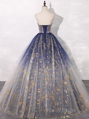 A-Line Tulle Blue Long Formal Prom Dresses, Blue Tulle Long Formal Dresses