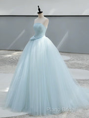 A-Line Tulle Blue Long Formal Prom Dresses, Blue Tulle Long Formal Dresses
