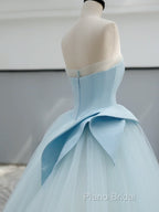 A-Line Tulle Blue Long Formal Prom Dresses, Blue Tulle Long Formal Dresses