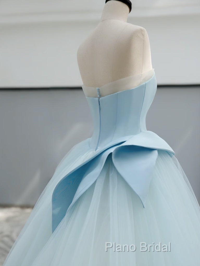 A-Line Tulle Blue Long Formal Prom Dresses, Blue Tulle Long Formal Dresses