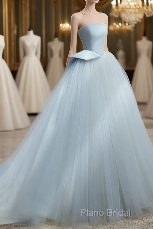 A-Line Tulle Blue Long Formal Prom Dresses, Blue Tulle Long Formal Dresses Main image
