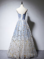 A-Line Tulle Blue Long Formal Prom Dresses, Blue Tulle Formal Graduation Dresses