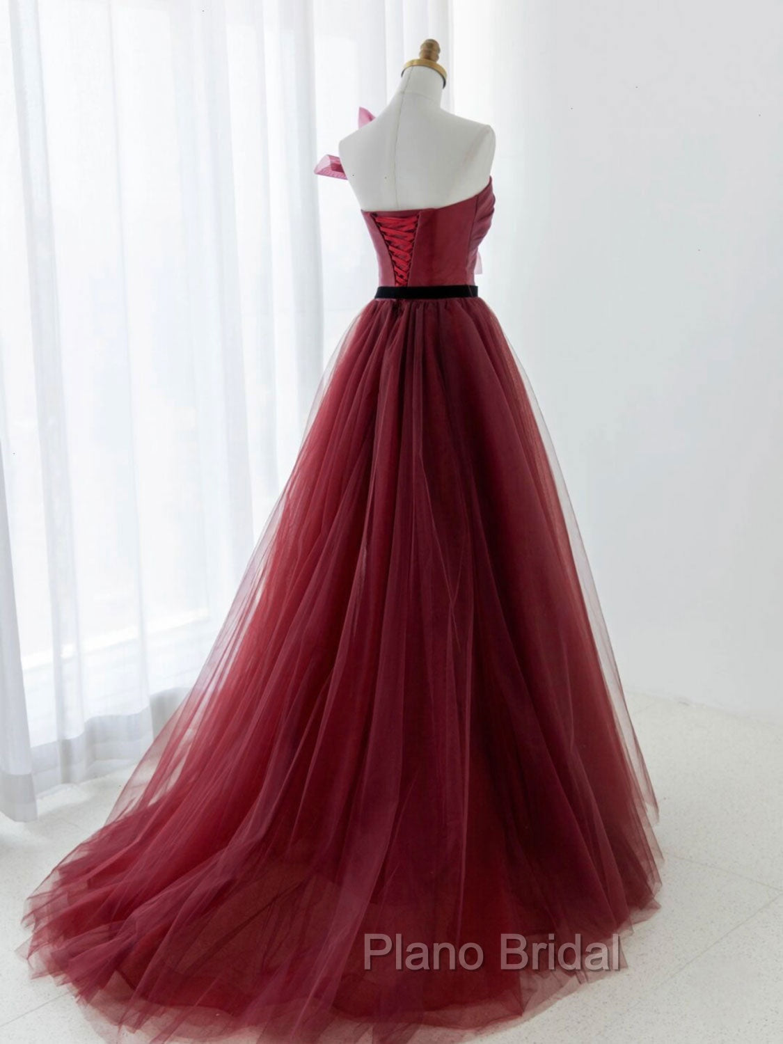 A-Line Tulle Burgundy Long Formal Prom Dresses, Burgundy Formal Evening Dresses Secondary image