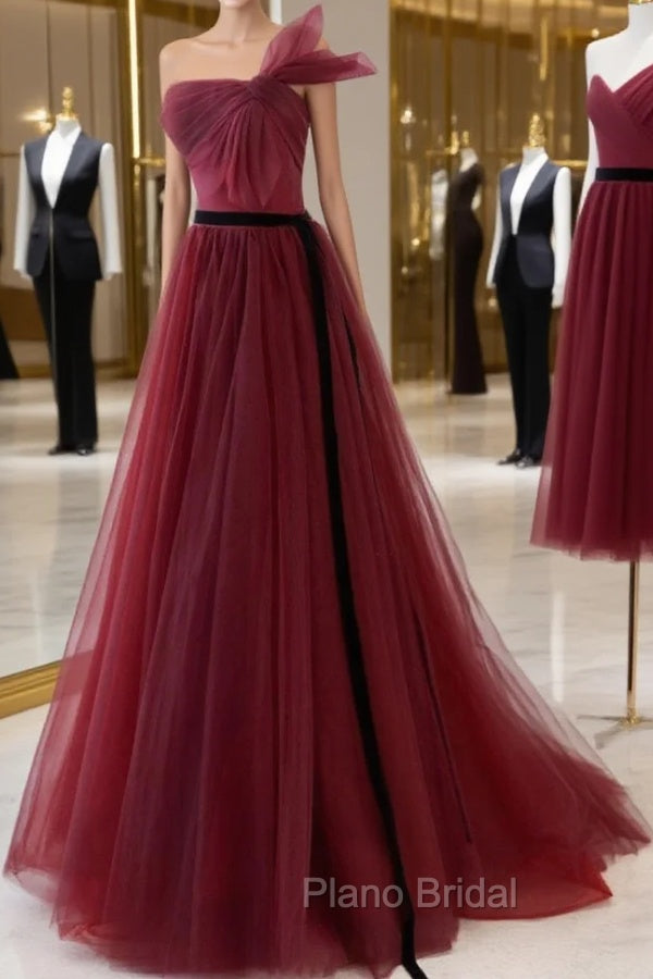 A-Line Tulle Burgundy Long Formal Prom Dresses, Burgundy Formal Evening Dresses Main image
