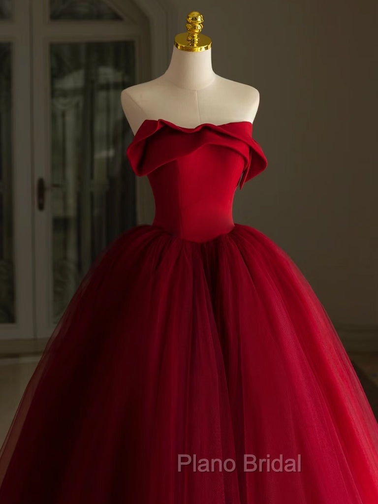 A-Line Tulle Burgundy Long Formal Prom Dresses, Burgundy Long Formal Dresses Secondary image