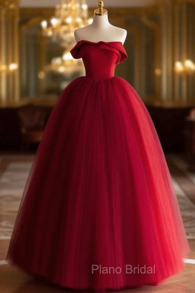 A-Line Tulle Burgundy Long Formal Prom Dresses, Burgundy Long Formal Dresses