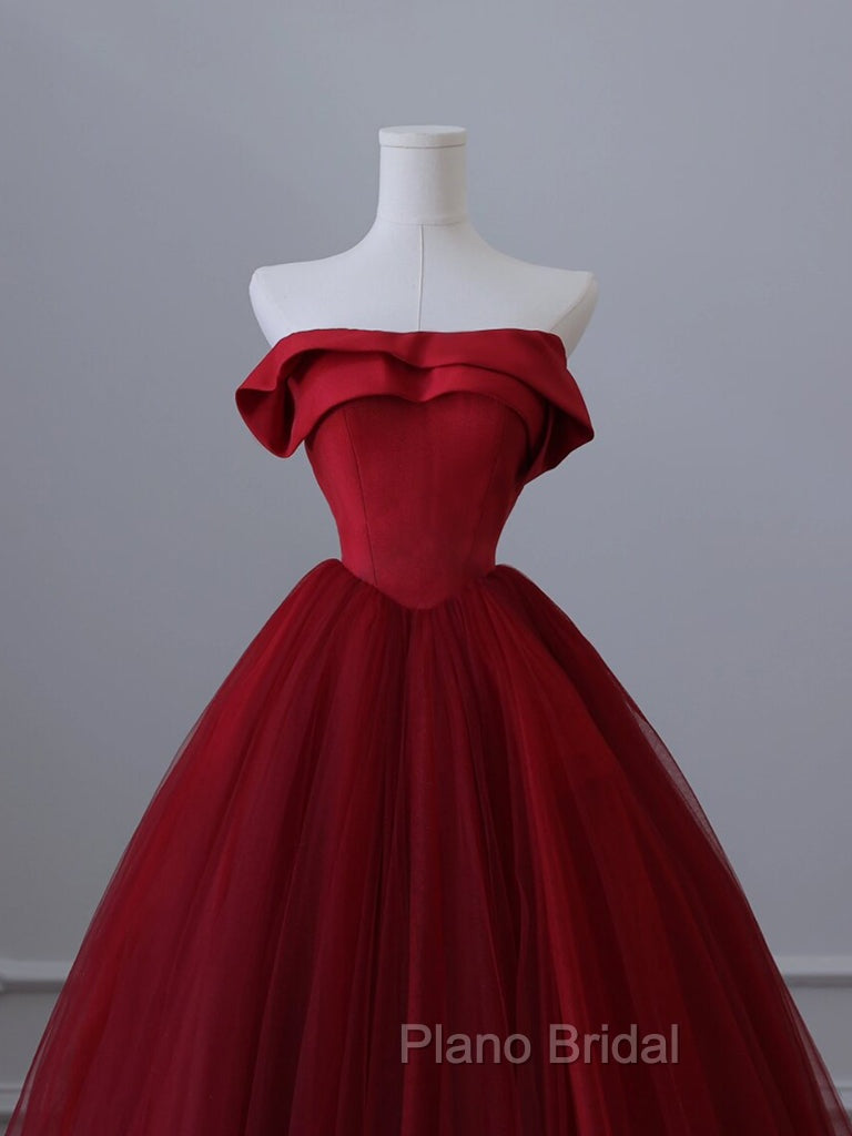 A-Line Tulle Burgundy Long Formal Prom Dresses, Tulle Burgundy Long Formal Dresses