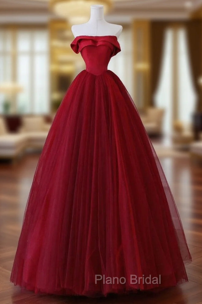 A-Line Tulle Burgundy Long Formal Prom Dresses, Tulle Burgundy Long Formal Dresses Main image