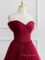 A-Line Tulle Burgundy Long Formal Prom Dresses, Tulle Long Formal Dresses