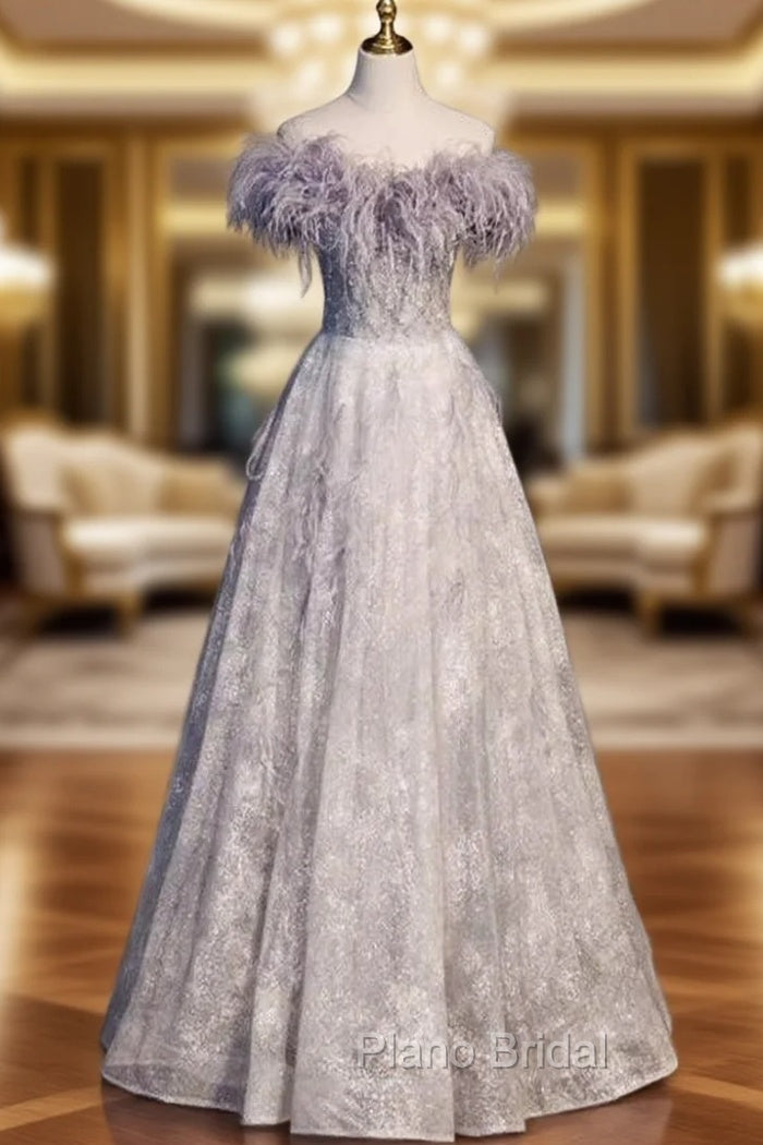 A-Line Tulle Feather Beading Formal Prom Dresses