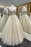 A-Line Tulle Floor Length Formal Prom Dresses, Spaghetti Strap Evening Party Dresses