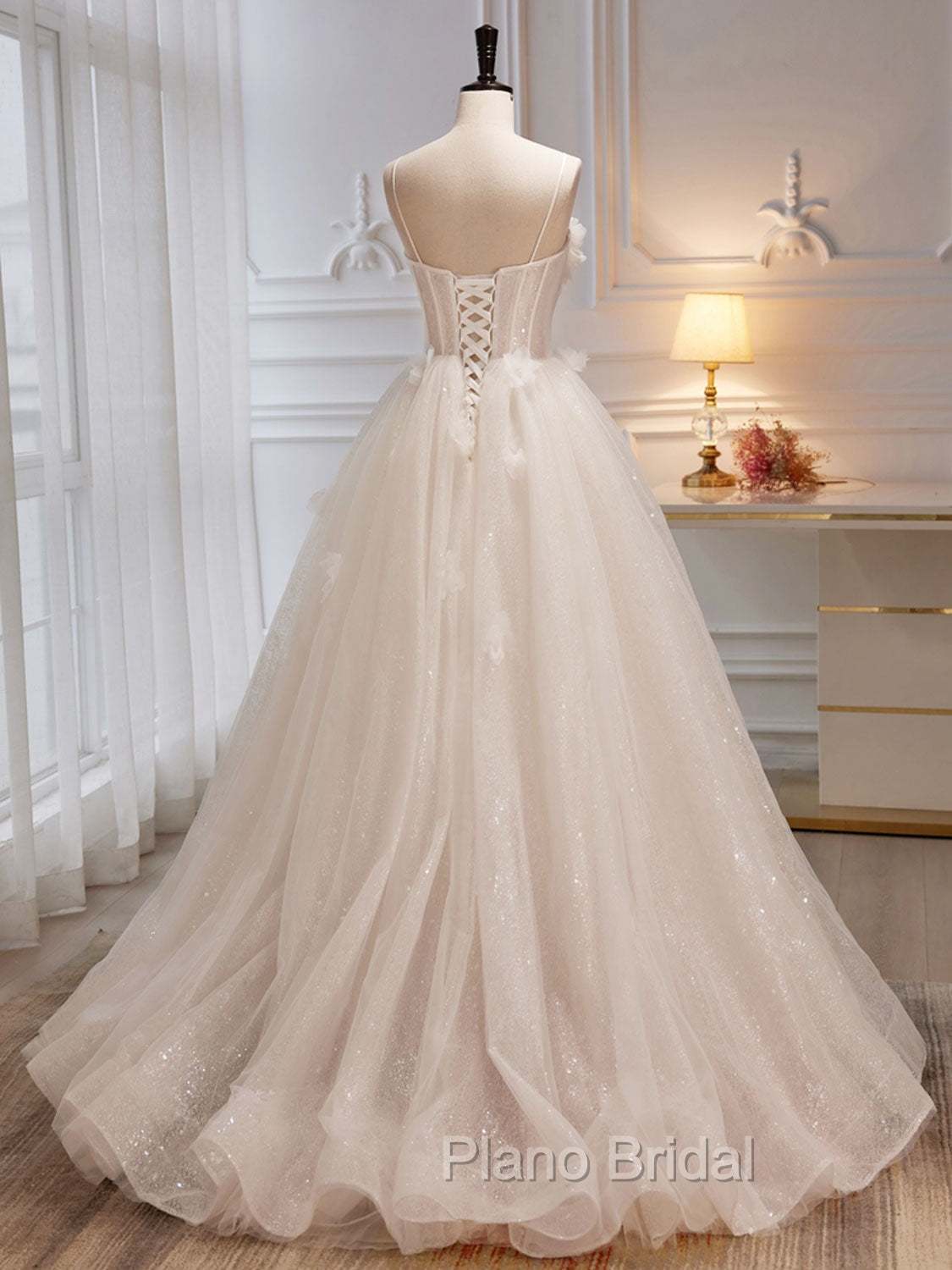 A-Line Tulle Flower Light Champagne Long Formal Prom Dresses, Shiny Formal Dresses Secondary image