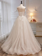 A-Line Tulle Flower Light Champagne Long Formal Prom Dresses, Shiny Formal Dresses